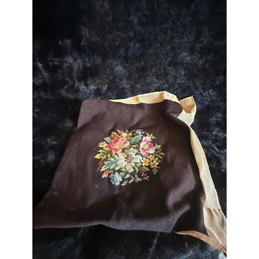 Vintage Black Floral Needlepoint For Chair Cushion Pillow or Craft 22x22
